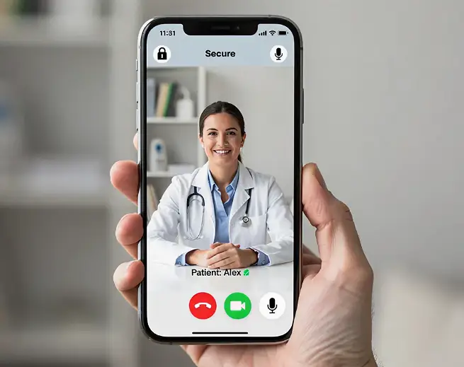 Patient using smartphone for telehealth appointment with hormone therapy provider in Sarasota County Florida