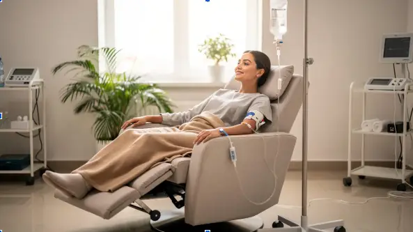 Patient relaxing in IV therapy chair at Boca Raton wellness clinic during a custom infusion